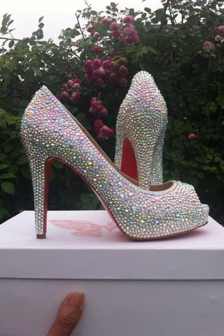 Dazzling crystal AB Strass Crystal High Platform Shoes diamond Rhinestone 4 inch heels wedding shoes Party Prom High Heels