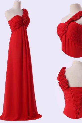 One Shoulder Red Floral Bridesmaid Dress, Empire Waistline Bridesmaid Dresses,long Prom Dresses A Line Party Dress