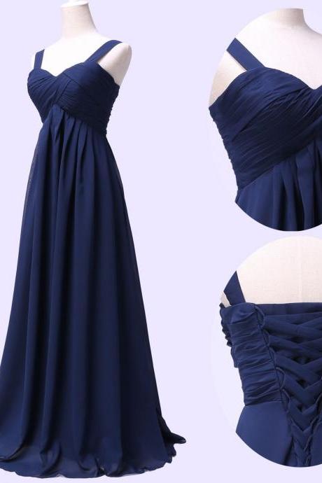 Spaghetti Straps Navy Blue Chiffon Bridesmaid Dress,Floor Length A Line Dark Blue Bridesmaid Dresses,Elegant Long Cheap Prom Dresses Party Evening Gown