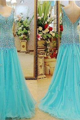 Blue Tulle Sheer Sexy V Neck Mermaid Floor Length Evening Prom Dresses,Beaded High Fashion Formal Party Dress
