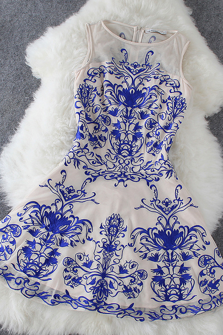 The 2014 Blue And Nude Porcelain Sleeveless Dress Lace Embroidery