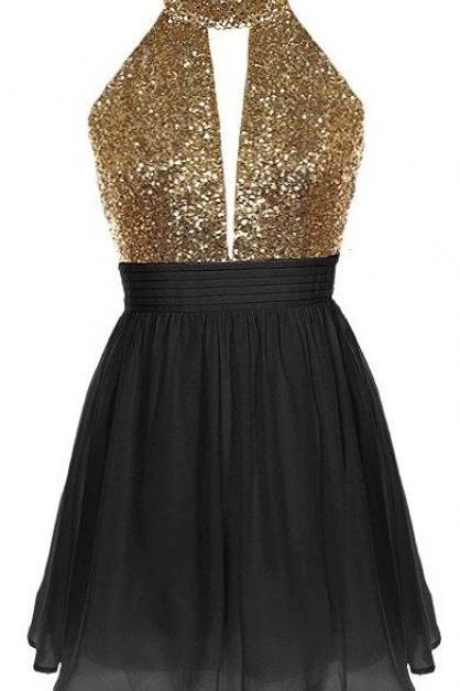Short Black Chiffon Party Dress Featuring Gold Sequin Halter Neck Bodice With Cutout Detailing