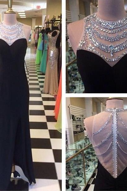 Black Jewel Neck Prom Dresses Actual Image Sliver Crystals Illusion Back Sleeves Long Formal Evening Dress Party Pageant Gowns