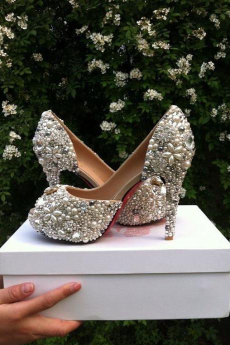Elegant bridesmaid heels Woman Dress Shoes Wedding Shoes peep Toe red bottom thin heels Rhinestone Imitation Pearl