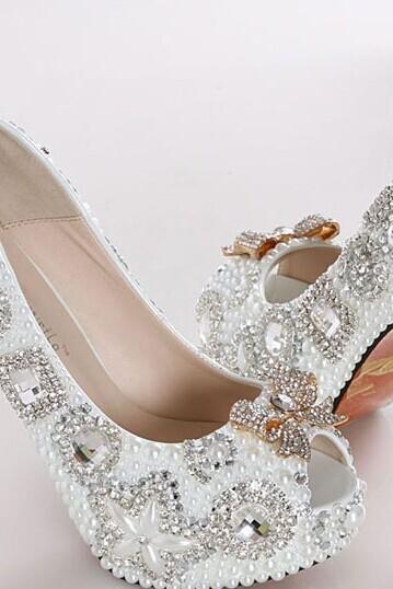 Style High Quality Luxurious Bow White Imitation Pearl Wedding Shoes Crystal High Heel Shoes For Women Honeymoon