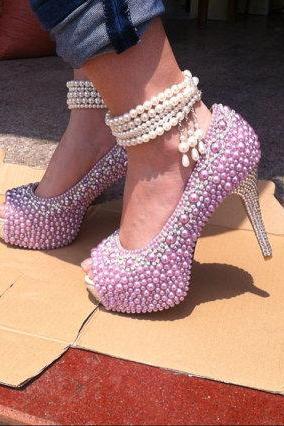Purple Imitation Pearl Wedding Shoes women Party Dress Shoes Peep Toe Wedding Dress Shoes Wedding Shoes