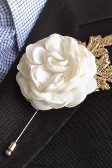 Gold leaf Satin Rose Burned flower Mens Boutonniere/Buttonhole For Wedding,Lapel Pin,Hat Pin,Tie Pin