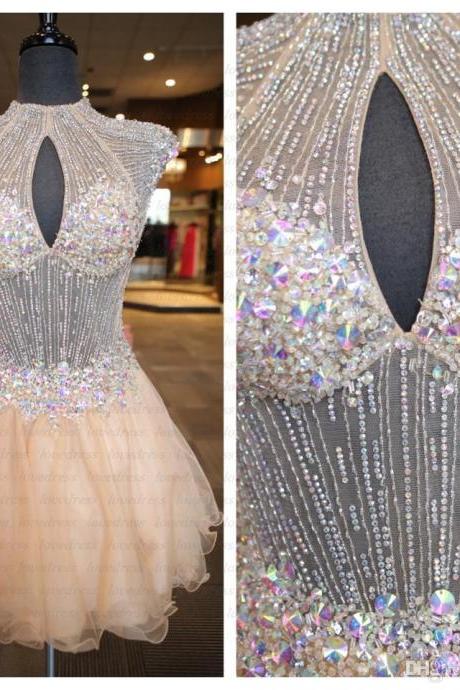 Luxury Beaded Sequins Short Homecoming Dresses High Neck 2017 Illusion Bodice Mini Party Prom Dresses Custom Made