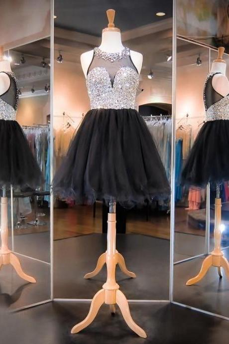 Real Photos Short A Line Homecoming Dresses Jewel Neck Sleeveless Sheer Neck Graduation Party Prom Gowns Rhinestones
