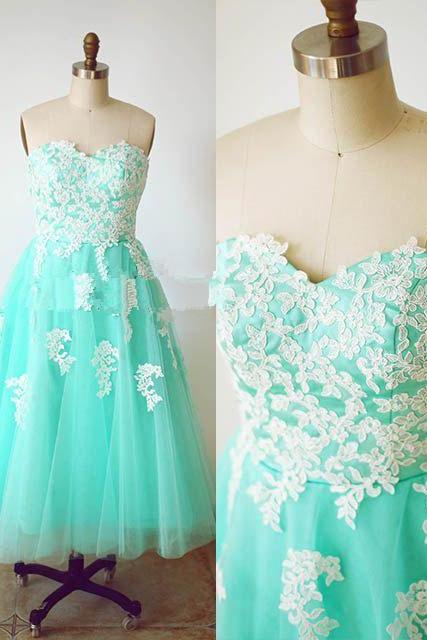 Blue Pretty Handmade Turquoise Tulle Tea Length Prom Dress With White Applique Turquoise Prom Dresses Homecoming Dresses 2015 Graduation Dresses