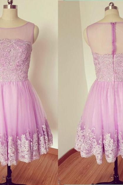 Lavender Lace Applique Homecoming Dress, Round Neck Graduation Dresses, Homecoming Dresses, Short / Mini Chiffon Dress Homecoming