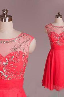 Spaghetti Straps Unique Pink Beadings Chiffon Short Homecoming Dress Prom Dresses