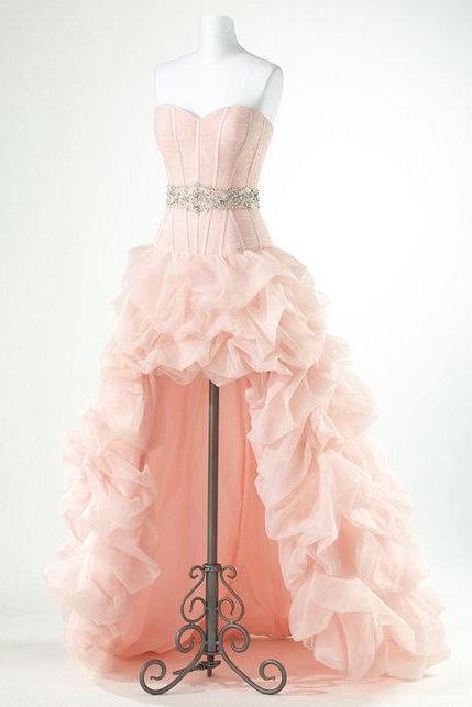 Blush Pink Strapless Sweetheart Prom Dress With Ruffled Layered High-low Skirt And Embellished Waistband