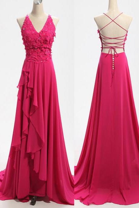 Sexy V-neck Prom Dress Backless Evening Dress Elegant A-line Evening Dress Chiffon Appliques Evening Dress