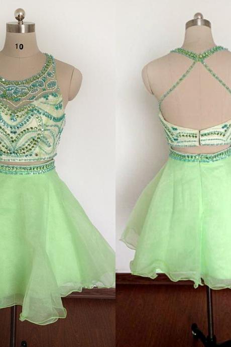 Light Green Short Homecoming Dresses A-line Halter Backless Beaded Crystals Prom Dresses Cocktail Gowns