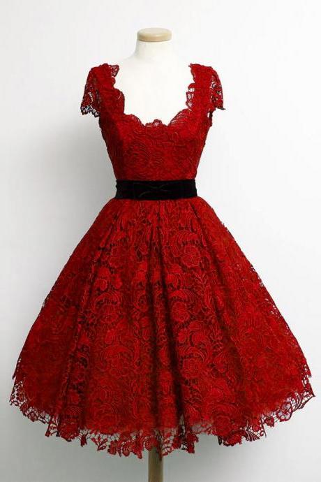 Charming Dark Red Lace Cap Sleeve Prom Party Dresses Elegant Knee Length A Line Plus Size Celebrity Dresses Gala