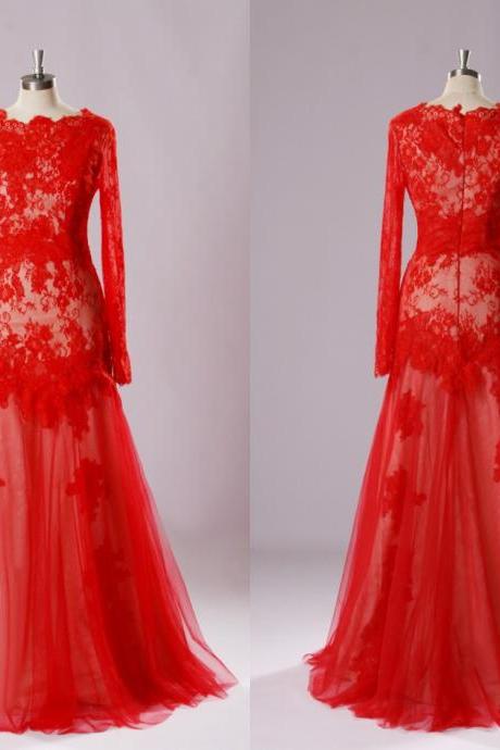 Custom Made Elegant Red Long Sleeve Evening Dresses 2015 New Long Tulle Formal Party Dresses Women Dresses