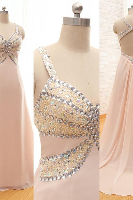 Custom Made Fashion Long Chiffon Prom Dresses, A-line Sweetheart Spaghetti Backless Evening Dresses ,with Sequined Beaded Prom Dresses