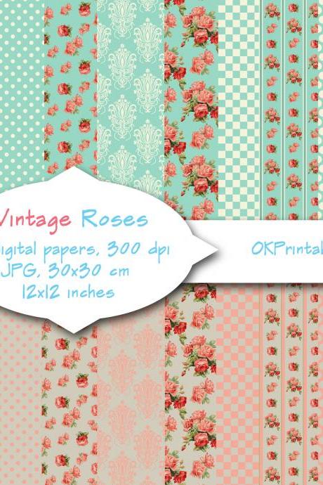 Vintage Roses, Turquoise / rose pink/ Digital Background, Scrapbook Paper, Printable Paper, Web Design