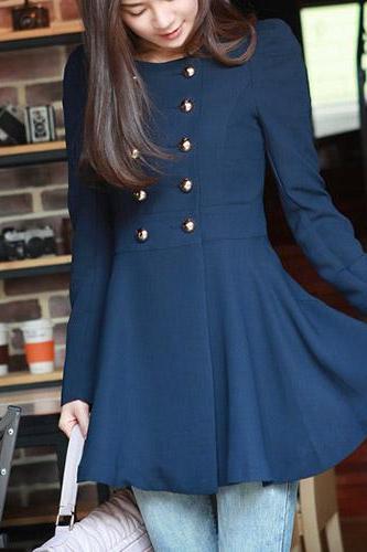 Fashion Solid Color Double-Breasted Round Neck Trance Coat