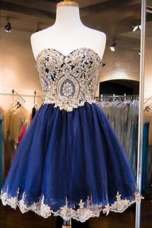Dark Navy Homecoming Dresses,Crystals Homecoming Dress,Beaded Prom Dresses,Sweetheart Neck Cocktail Dresses,Sweet 16 Gowns