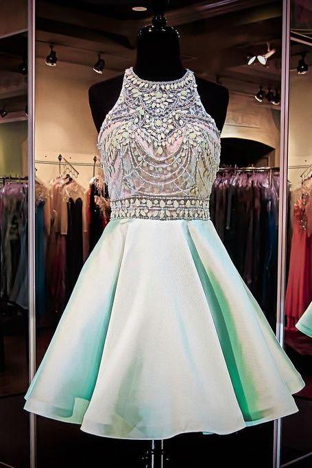 Mint Green Homecoming Dresses,Chiffon Homecoming Dress,Beaded Prom Dresses,Halter Cocktail Dresses,Sweet 16 Gowns,2015 Evening Gowns
