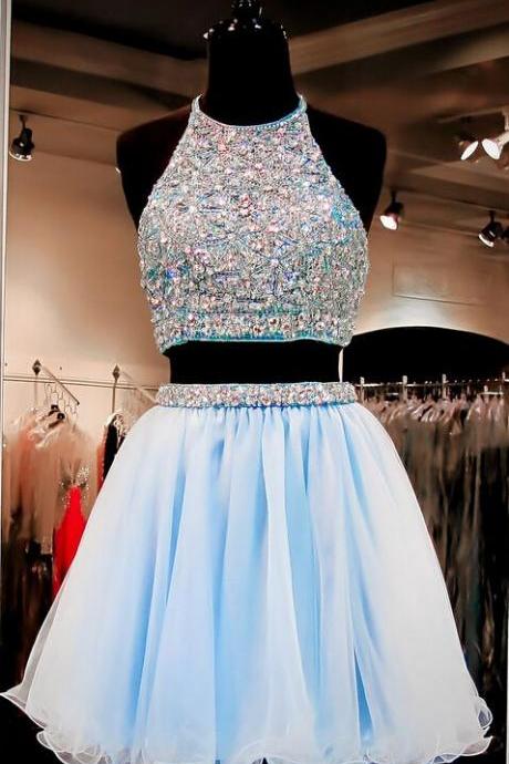 Custom Made Two-Piece Crystal Beading Embroidered Tulle Evening Dress, Homecoming Dresses, Graduation Dresses 