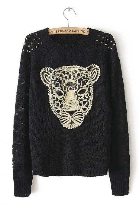Aztec Knitted Rivets Black Pullover Sweater FROZW25ZEI9D26CPWY3I0 2629J06SEZ6