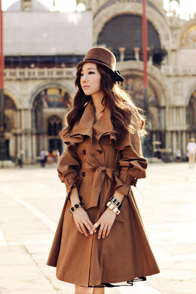 Elegant Brown Ruffled Double Breasted Trench Coat N2Z3PJ5FGJ3XAJD1ZEK25 CNPJTMGMQQX