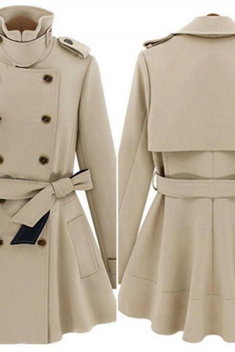 Stylish Double Breasted Turn Down Collar Trench Coat