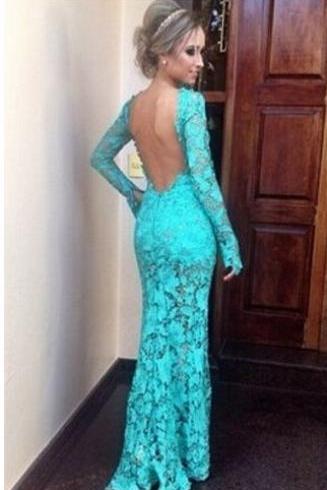 Ulass Appliques And Lace Prom Dresses, Floor-Length Prom Dresses, Sexy Prom Dresses, Sheath Prom Dresses, Long Sleeve Backless Evening Dresses,