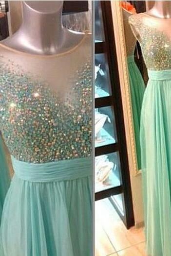 Mint Green Illusion Neckline Beaded Prom Dress With Sheer Back Evening Dresses