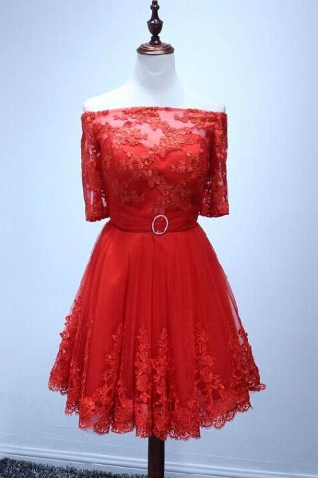 Homecoming Dress Half Sleeve Red Lace Short Homecoming Dress Short Prom Dress Tulle Prom Dress Party Prom Dress Junior Prom Dress