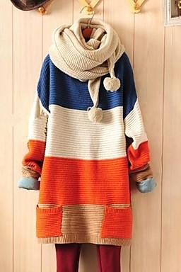 2015 autumn winter Women's Color Block Blue/Orange Casual Long Sleeve Loose Sweater with Pocket