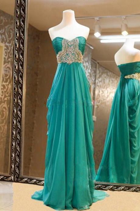 Custom Made Style Strapless Chiffon A Line Blue-green Floor Length Formal Prom Dress, Style Long Evening Dress With Beading,crystals Graduation