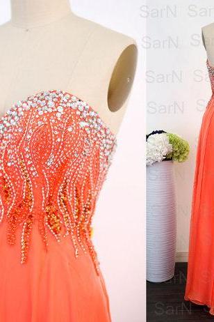 Orange Long Prom Dresses, Custom Orange Strapless Crystal Chiffon Long Formal Gown, Sweetheart Long Prom Gown