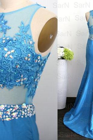 Mermaid Taffeta Blue Prom Dresses Sexy Gown Lace Taffeta Prom Dresses With Crystals Lace Blue Mermaid Prom Gown