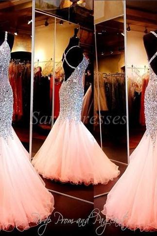 Custom Made Coral Mermaid Prom Dress, V Neckline Open Back Pageant Dress, Evening Gowns With Full Beaded Crystal