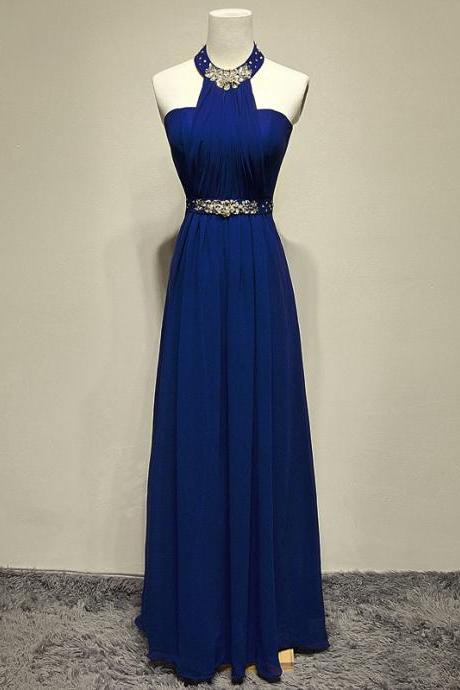Pretty Elegant Blue Long Beaded Halter Neckline Long Formal Dresses Blue Prom Dresses Evening Dresses Evening Gowns