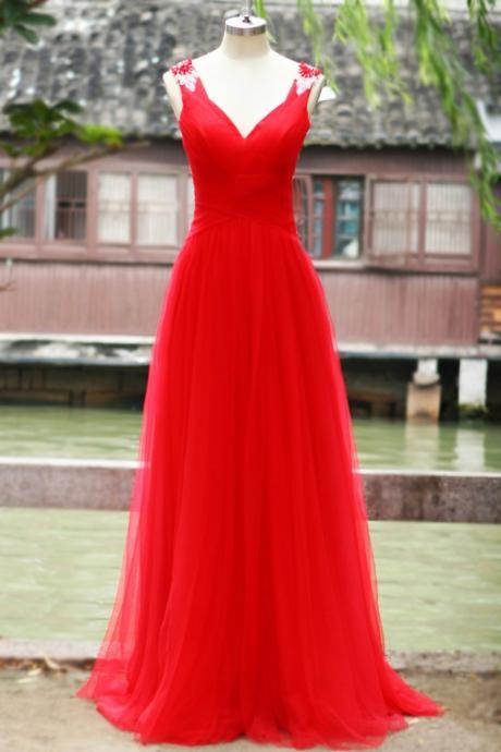Pretty Red Tulle Long Sweetheart Open Back Prom Gowns , Red Formal Gowns ,evening Gowns, Formal Gowns