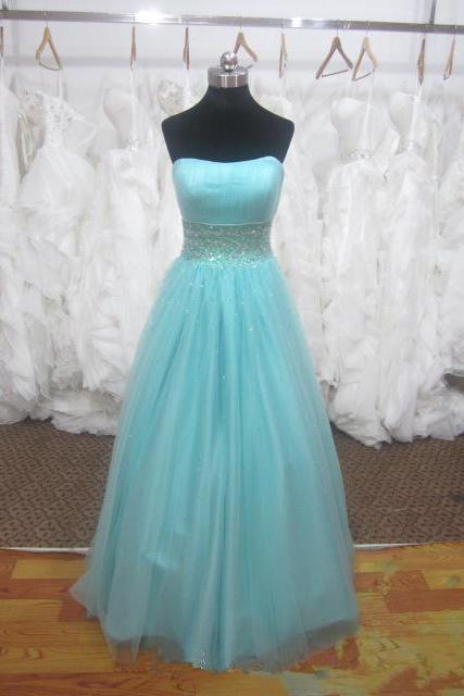 Light Blue Strapless Tulle Long Prom Dress with Beading and Lace-Up Corset Bodice