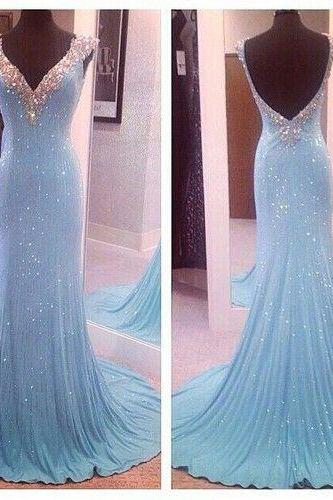 Light Blue Prom Dresses,Sequin Evening Dress,Sequined Prom Gowns,Open Back Prom Gown,Beautiful Formal Gown,V neck Evening Dress,Beaded Prom Dress