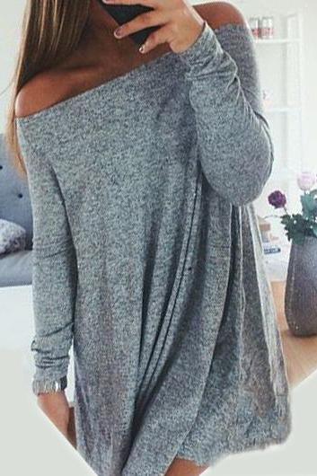 Free shipping Long Sleeve Off the Shoulder Grey Shift Dress