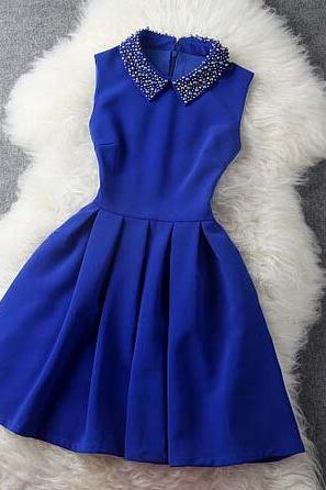 Fashion Blue Blue Dress With Collar, Women Blue Dress In Stock, Pretty Blue Dresses