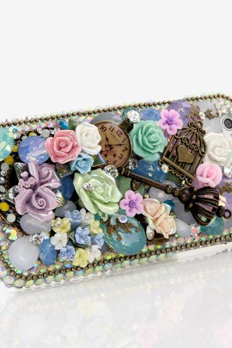 Bling Crystals Phone Case for iPhone 6, iPhone 6 PLUS, iPhone 4, 5, 5S, 5C, Samsung Note 2, Note 3, Note 4, Galaxy S3, S4, S5, S6, S6 Edge, HTC ONE M9 (TURQUOISE AND PINK DESIGN) By LuxAddiction