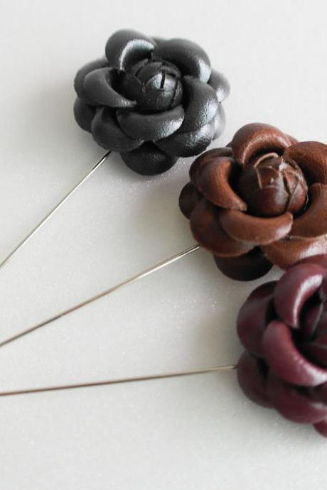 Leather Camellia Flower Boutonniere/Buttonhole For Wedding,Lapel Pin,Hat Pin,Tie Pin