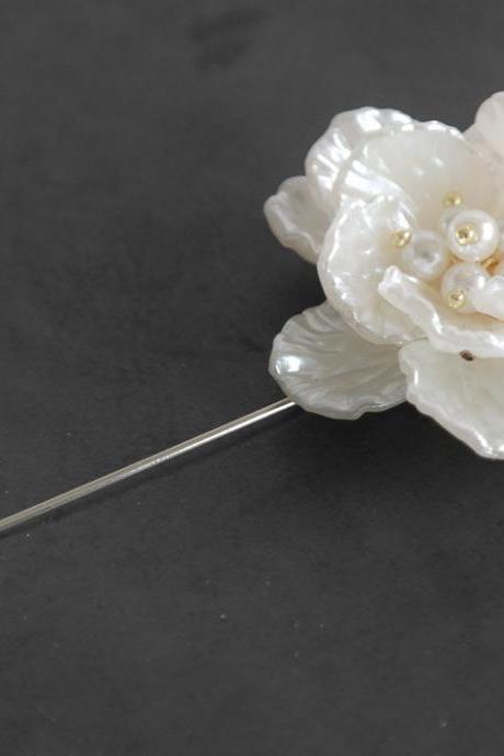 Pearl beads flower Men boutonniere lapel pin, tie pin, stick pin for Men's gift.