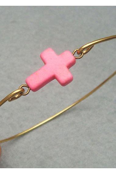 Pink Turquoise Cross Brass Bangle Bracelet