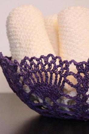 Lace Bowl Crochet Doily Basket Grape Purple