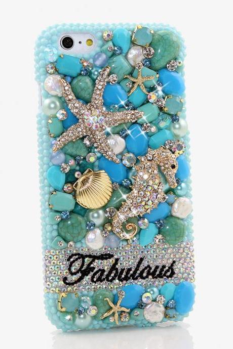 Bling Crystals Phone Case for iPhone 6 / 6s, iPhone 6 / 6s PLUS, iPhone 4, 5, 5S, 5C, Samsung Note 2, Note 3, Note 4, Galaxy S3, S4, S5, S6, S6 Edge, HTC ONE M9 (TURQUOISE OCEAN PERSONALIZED NAME & INITIALS DESIGN) By LuxAddiction